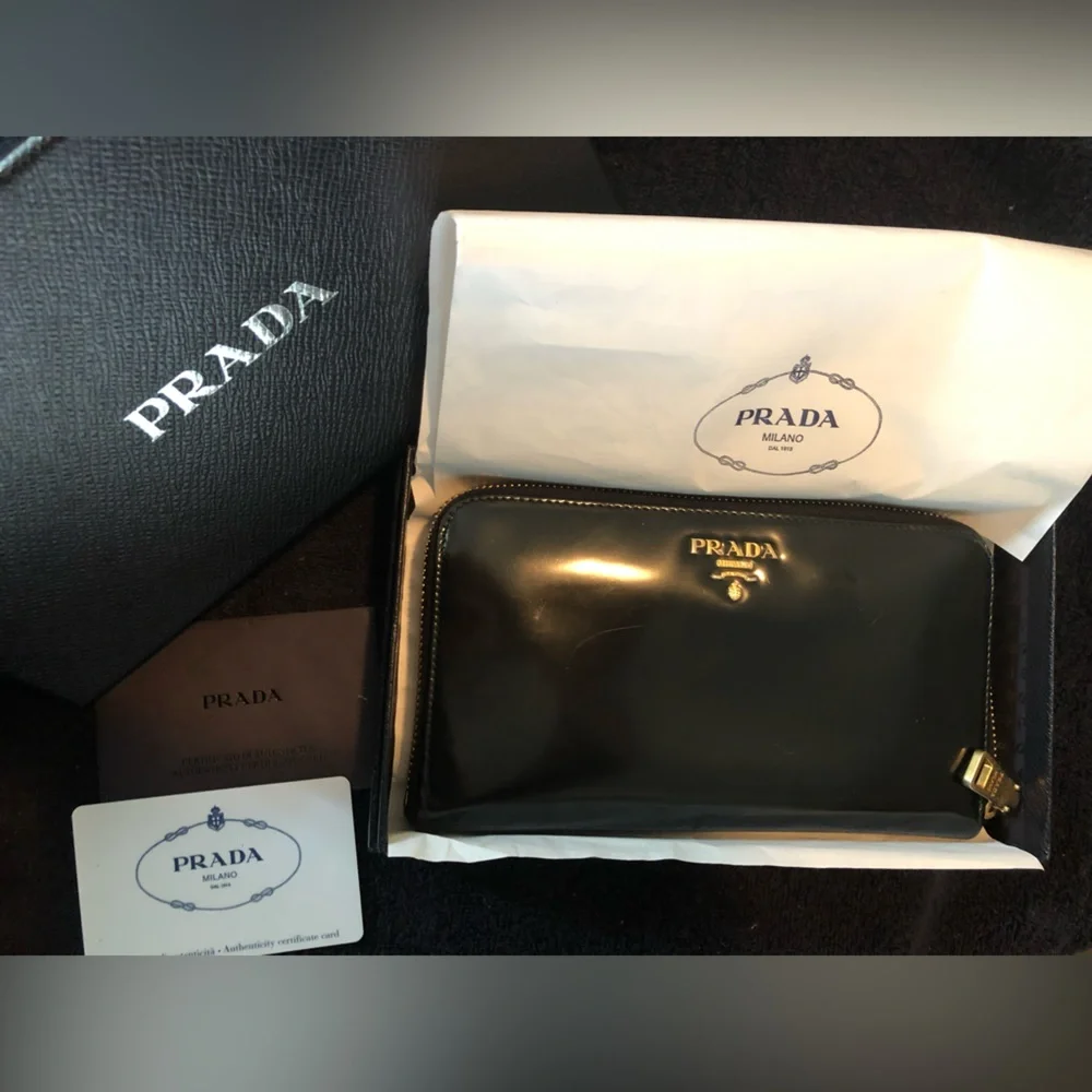 Auth Prada Black smooth long Wallet Nero in Box + Card M10506 spazzolatto 1 - Picture 3 of 7